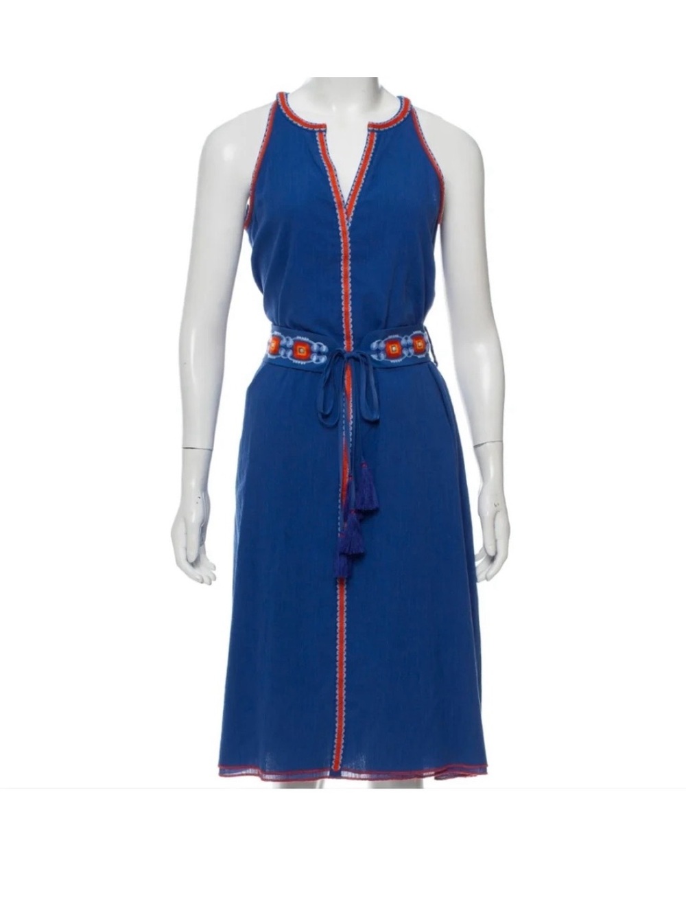 Tory Burch Cotton-Linen Blue Embroidered Tie Wait Dress - Picture 14 of 15